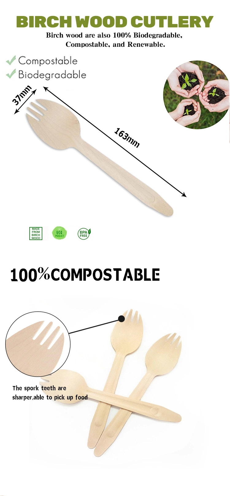 Biodegradable Disposable Birch Wooden 162mm Spork